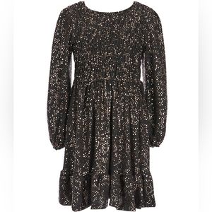 Ava & Yelly Long-Sleeve Foil-Dot-Print Smocked Flounce Hem